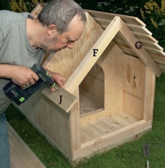 Hundkoja vinterbonad: Lägg takbrädorna Hundkoja vinterbonad: Lägg takbrädorna